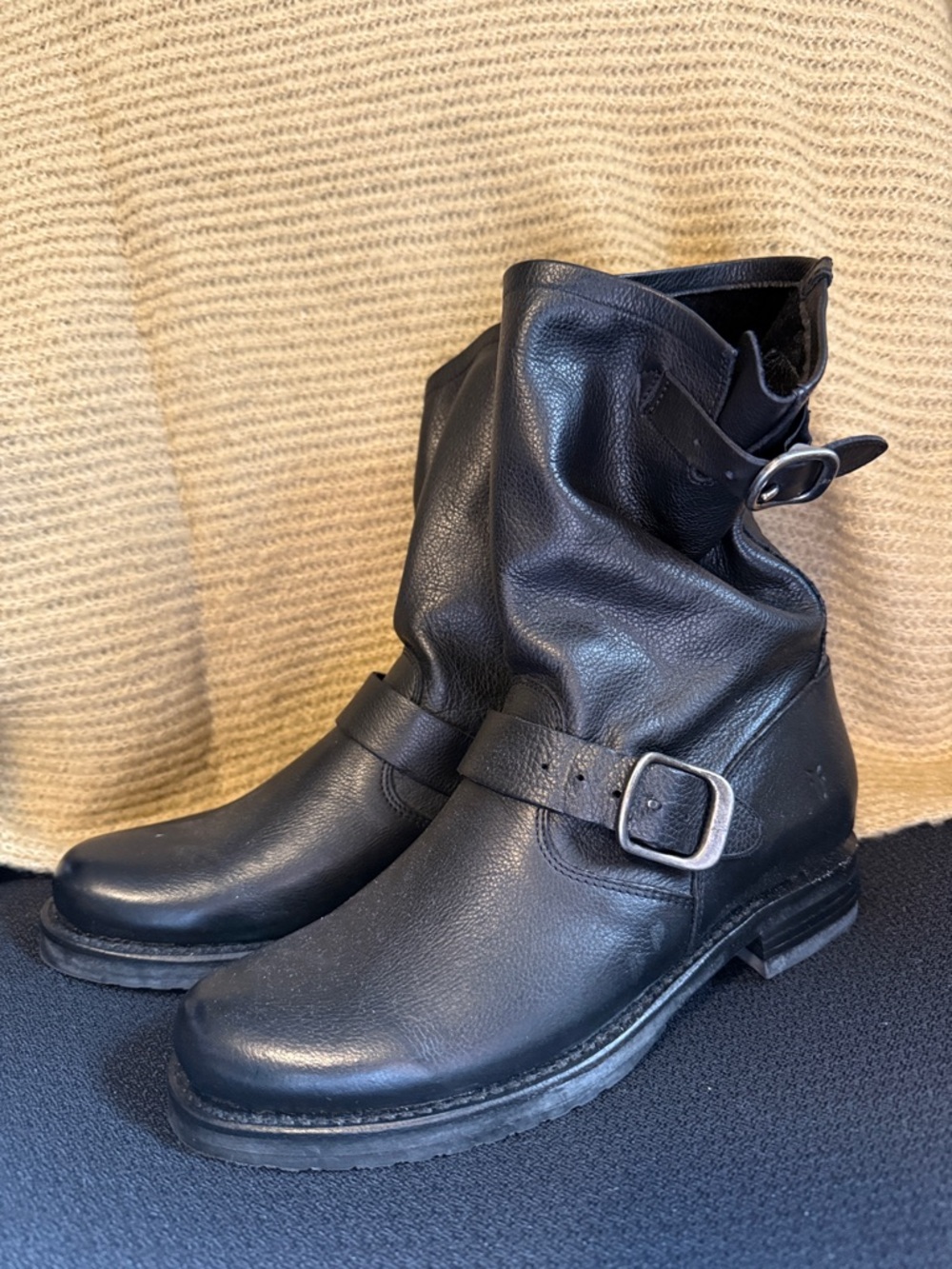 Frye Black Leather Buckle Ankle Boots